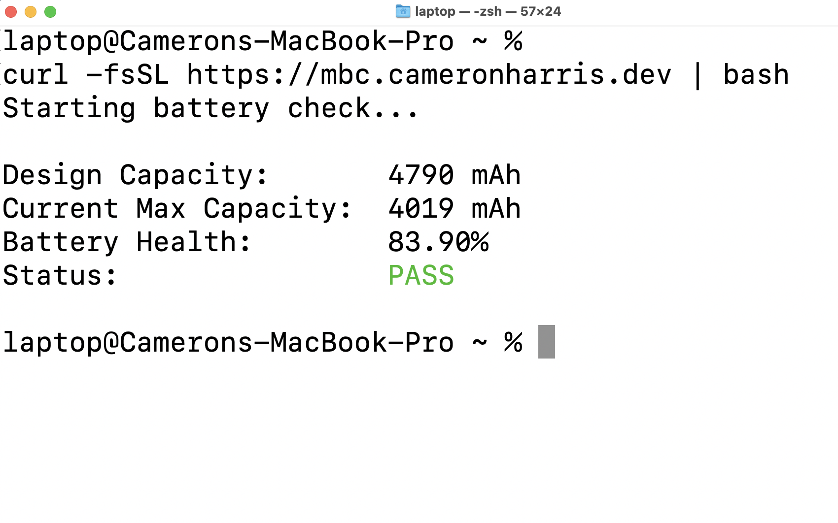 MacOS battery health check script screenshot